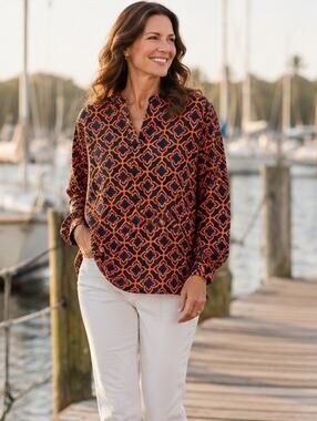 Escapada Women’s Navy Orange Geometric Preppy Tunic S Cotton